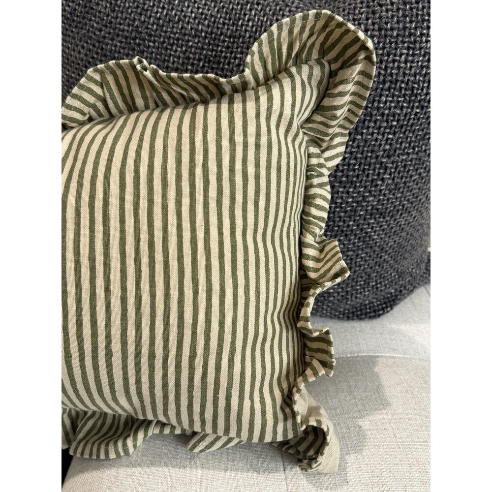 New Cottage Farmhouse Vintage Olive Green Stripe Ruffle Lumbar Accent Pillow - Picture 3 of 13